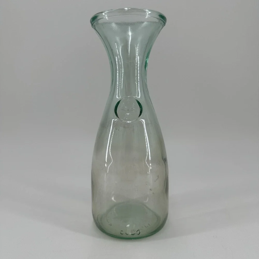 Vintage Italy Pale Green Glass Carafe with Embossed Medallion Mid-Century 8.5